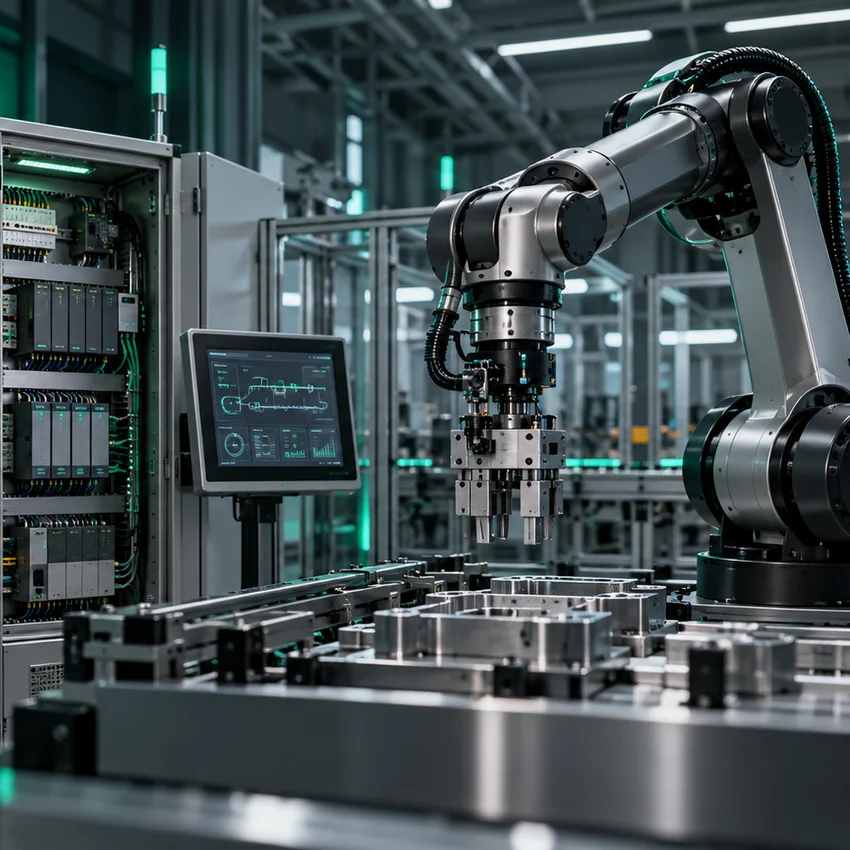 Rappresentazione di una cella industriale con robot, quadro di controllo e pannello HMI
