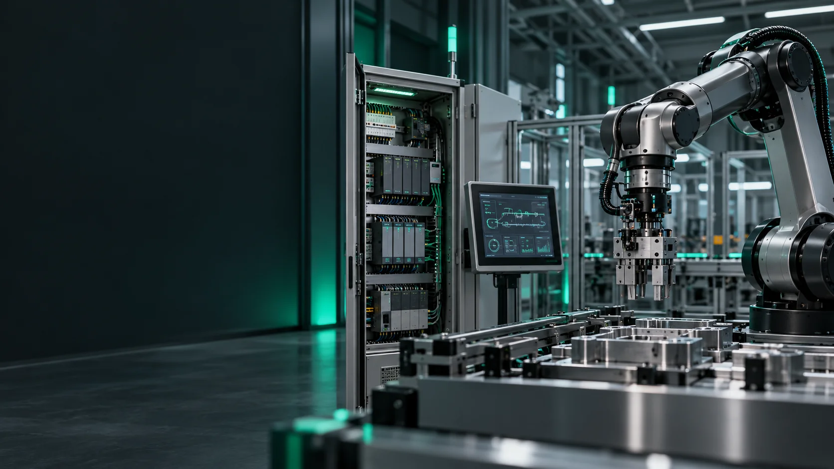 Rappresentazione di una cella industriale con robot, quadro di controllo e pannello HMI