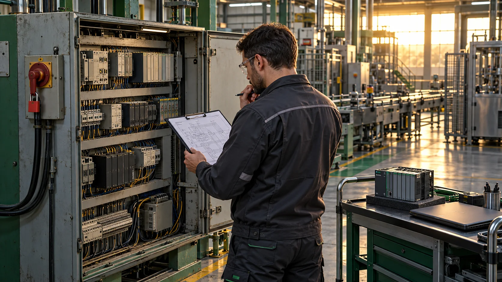 Immagine illustrativa di un tecnico che studia gli schemi davanti a un quadro industriale da aggiornare, con la produzione ferma