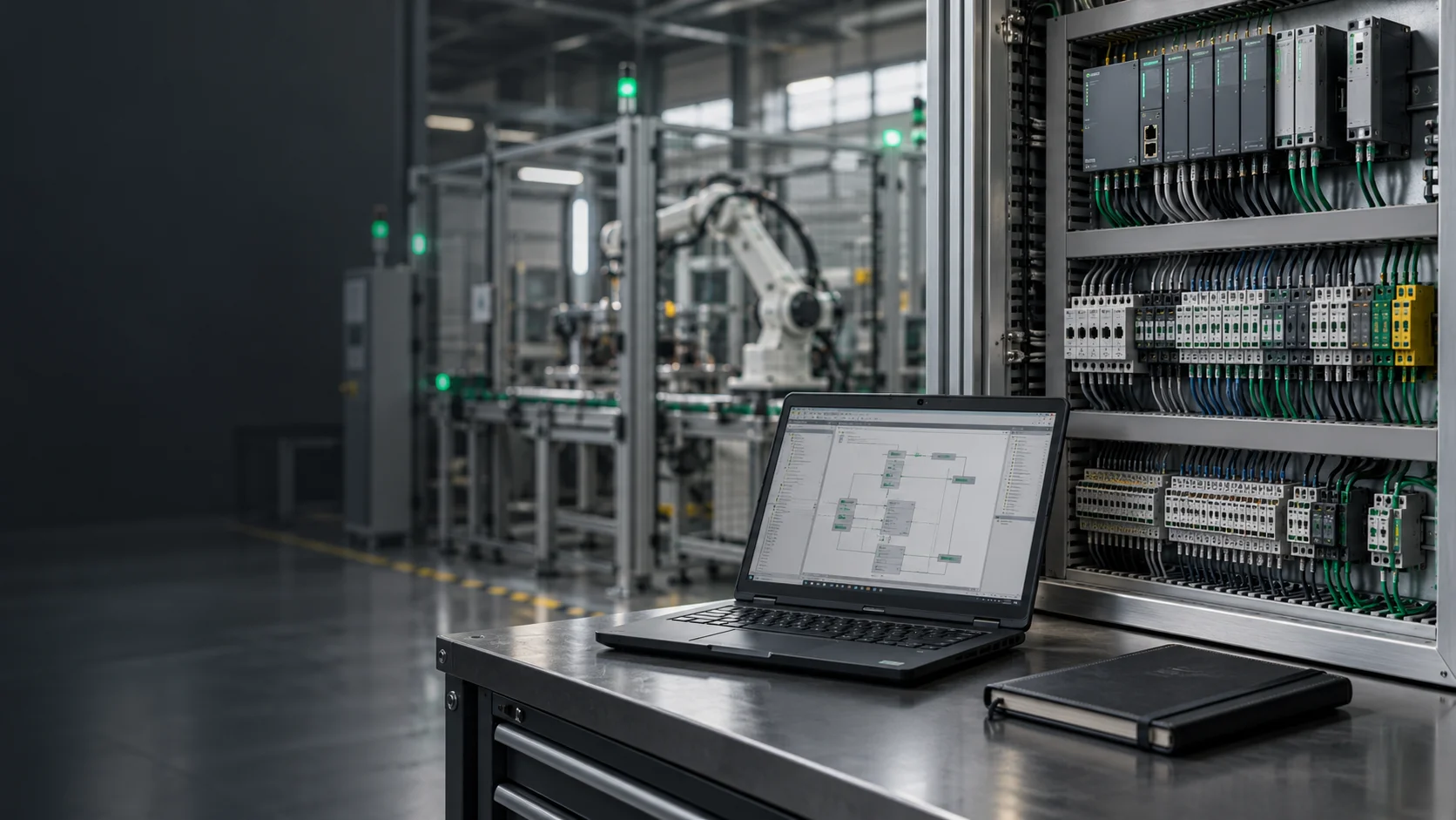 Immagine illustrativa di un quadro di automazione e un computer per lo sviluppo del software industriale